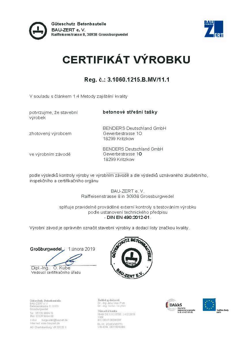 2019 Certifikát betonové střešní tašky - DIN EN 4902012-01 -překlad