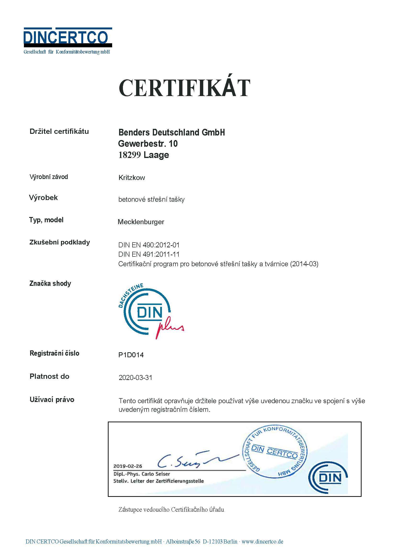 Din Certifikát - DIN -EN 4902012-01 -DIN EN 4912011-11- Mecklenburger -překlad