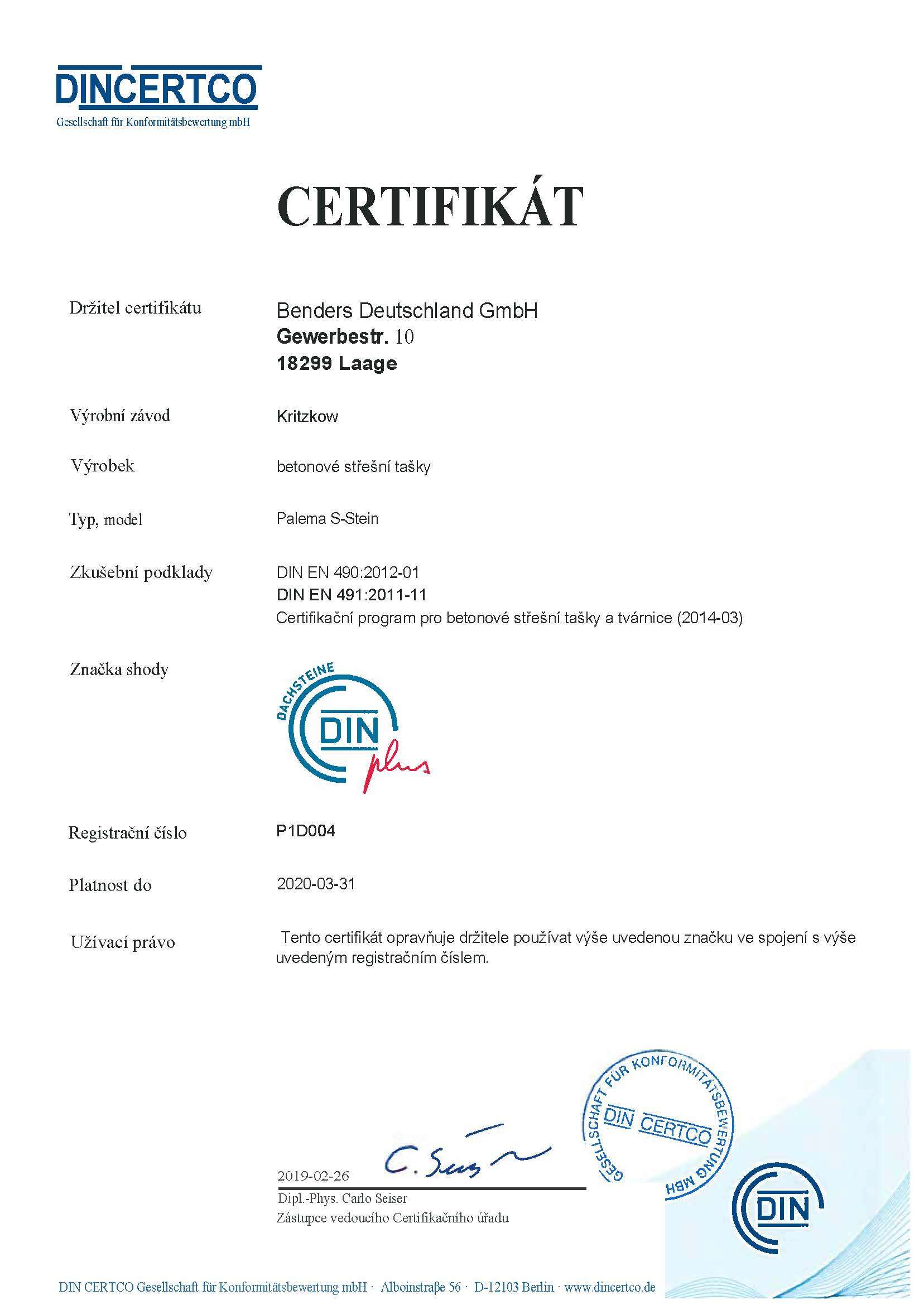 Din Certifikát -DIN- EN 4902012-01 -DIN EN 4912011-11- Palema -překlad